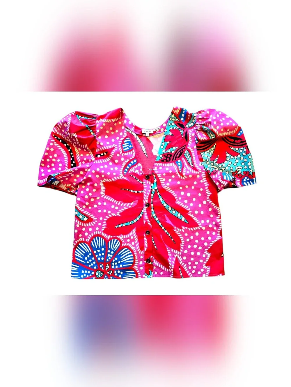Rhode Nisha Top Red Psychedelic Flower Puff Sleeve Reversible 100% Cotton Size S - Picture 2 of 11